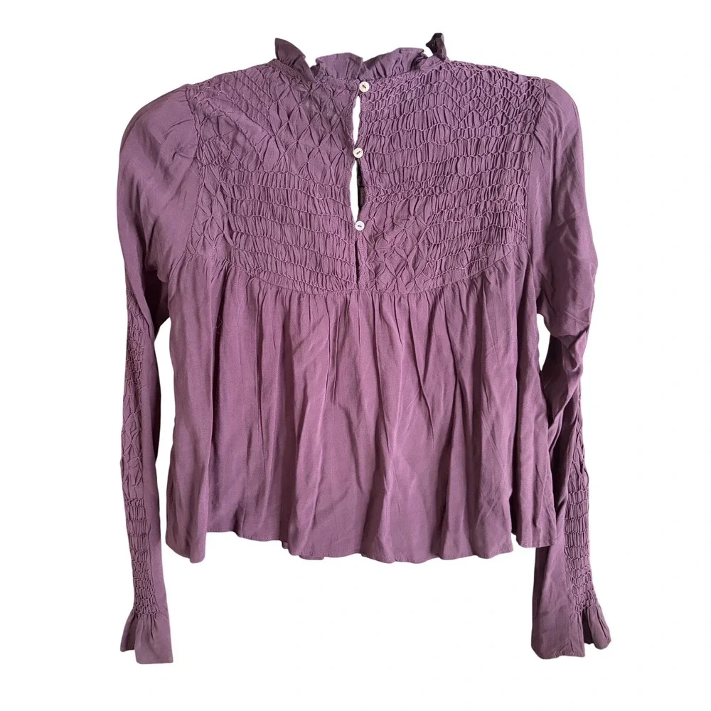 Free People Smocked In Time Boho Purple‎ Pullover Top Long Sleeve XS